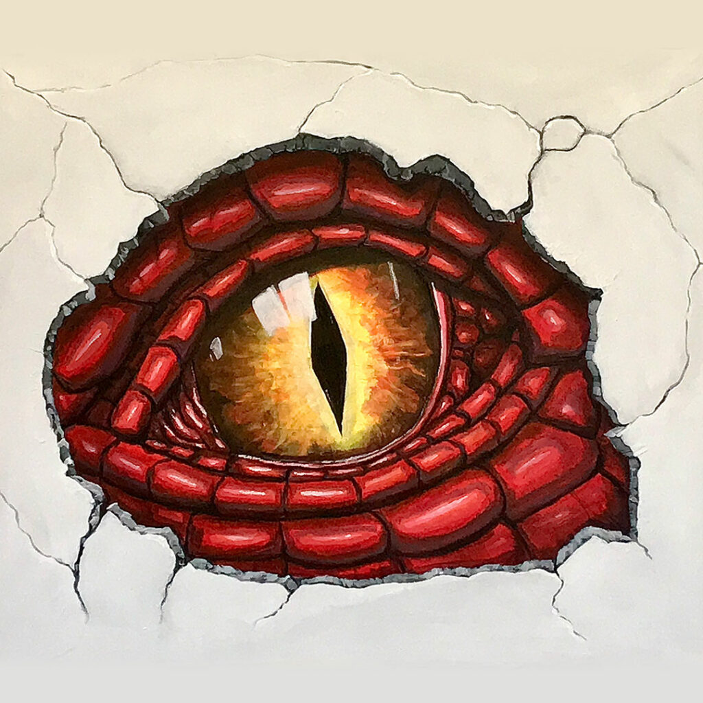 L’objectif de cette peinture était de réaliser un trompe-l’oeil sur un mur blanc de mon salon. L’oeil reflète réellement les fenêtres de la pièce!