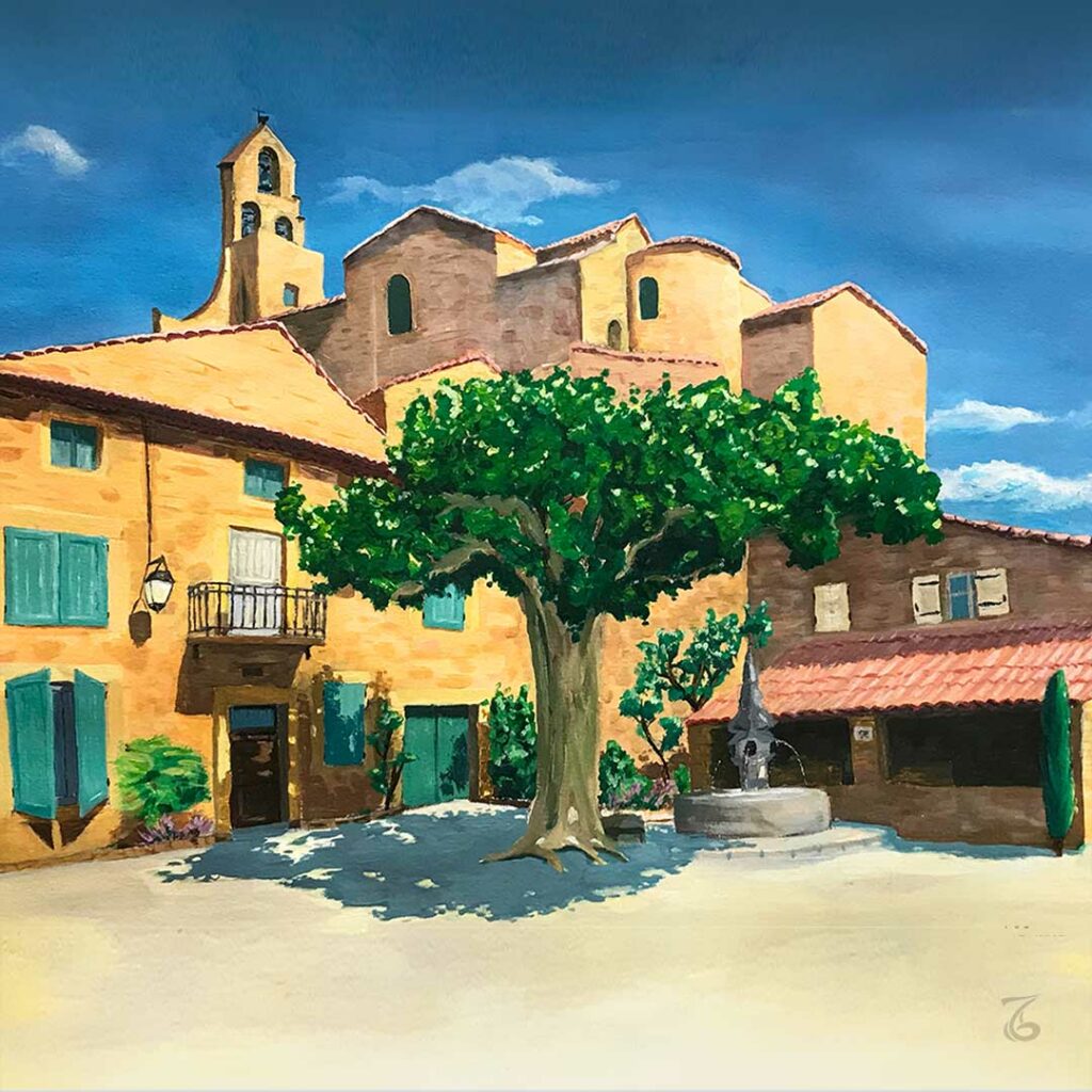 Puyméras est un charmant village de Provence avec une église à 3 clochers, représenté dans cette peinture à l'acrylique basée sur une photo de l'artiste.