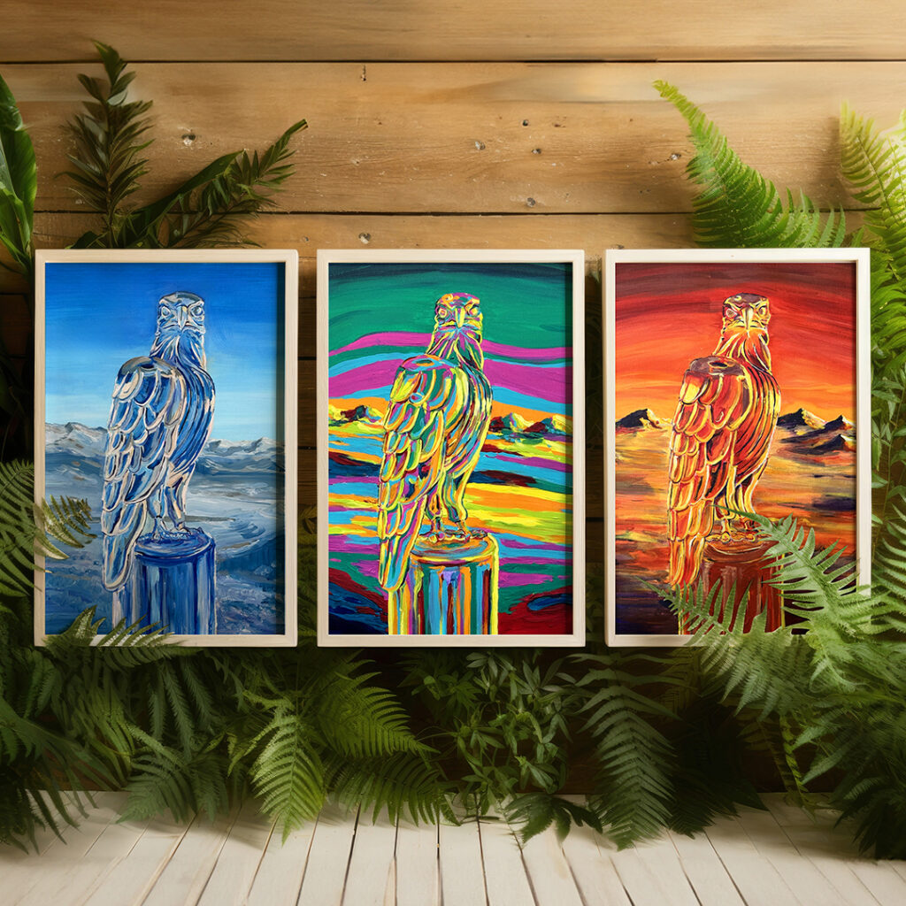 Mockup de la série de peintures les 3 aigles en verre