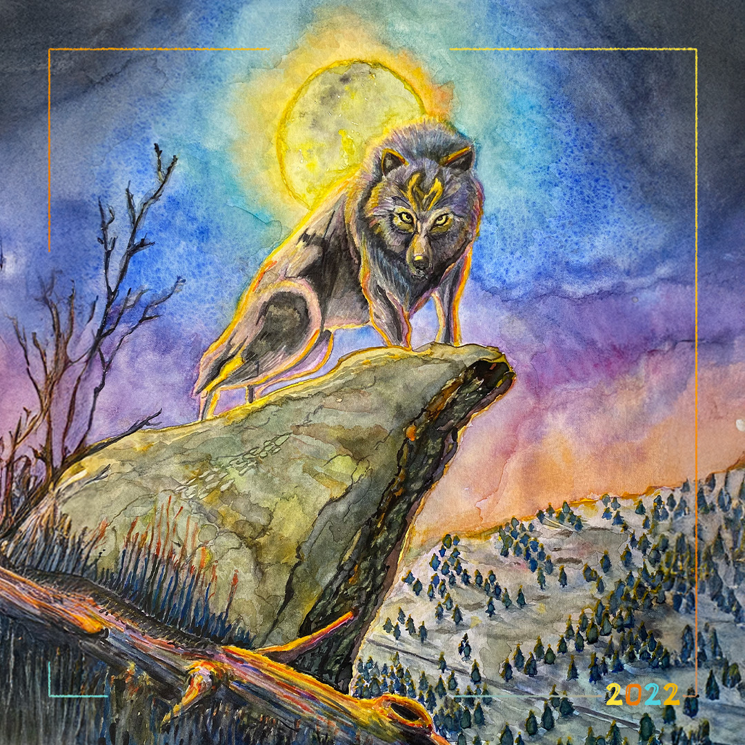 Dessins aquarelle 🖌️🌈 🖍️ 2022 : Loup sur rocher